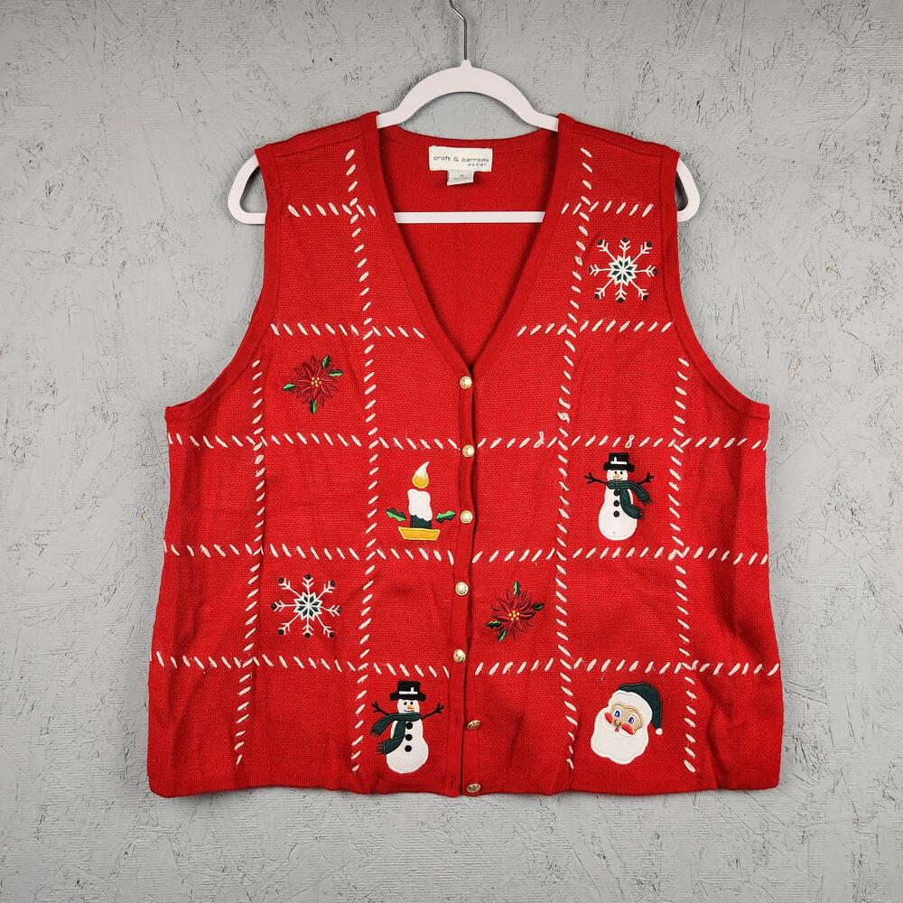 Croft & Barrow Sweater Vest Womens 1X Red Christmas Embroidered Ugly Plus Size